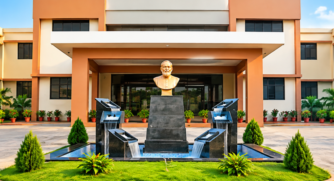 Father Muller Homoeopathic Medical College campus with fountain and landscaped entrance