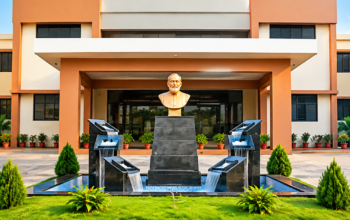 Father Muller Homoeopathic Medical College campus with fountain and landscaped entrance