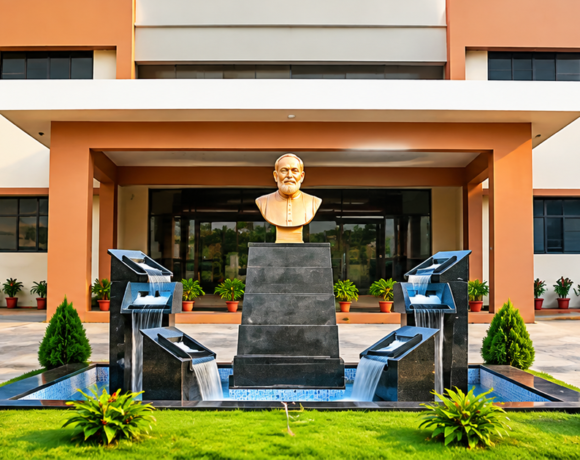 Father Muller Homoeopathic Medical College campus with fountain and landscaped entrance