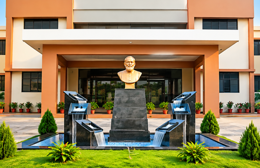 Father Muller Homoeopathic Medical College campus with fountain and landscaped entrance