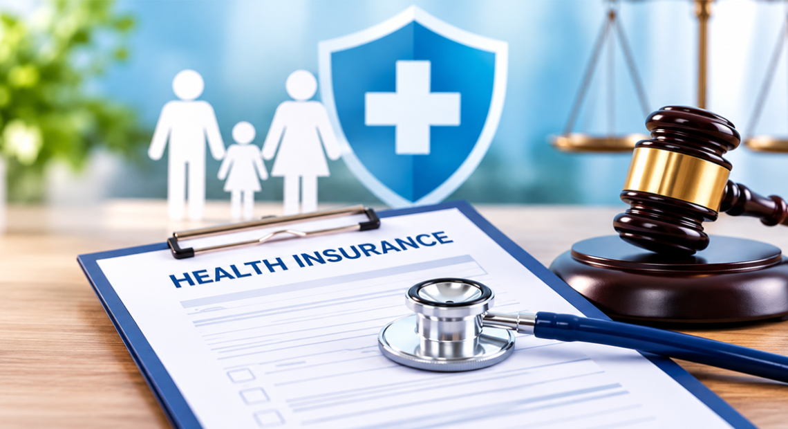Health insurance mediclaim documents and stethoscope with a judge’s gavel, illustrating a Surat consumer commission dispute involving a homoeopath’s certificate.