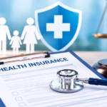 Health insurance mediclaim documents and stethoscope with a judge’s gavel, illustrating a Surat consumer commission dispute involving a homoeopath’s certificate.