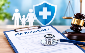 Health insurance mediclaim documents and stethoscope with a judge’s gavel, illustrating a Surat consumer commission dispute involving a homoeopath’s certificate.