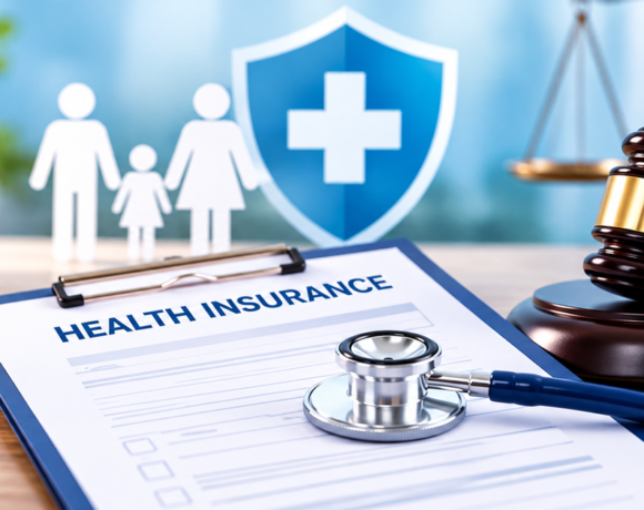 Health insurance mediclaim documents and stethoscope with a judge’s gavel, illustrating a Surat consumer commission dispute involving a homoeopath’s certificate.